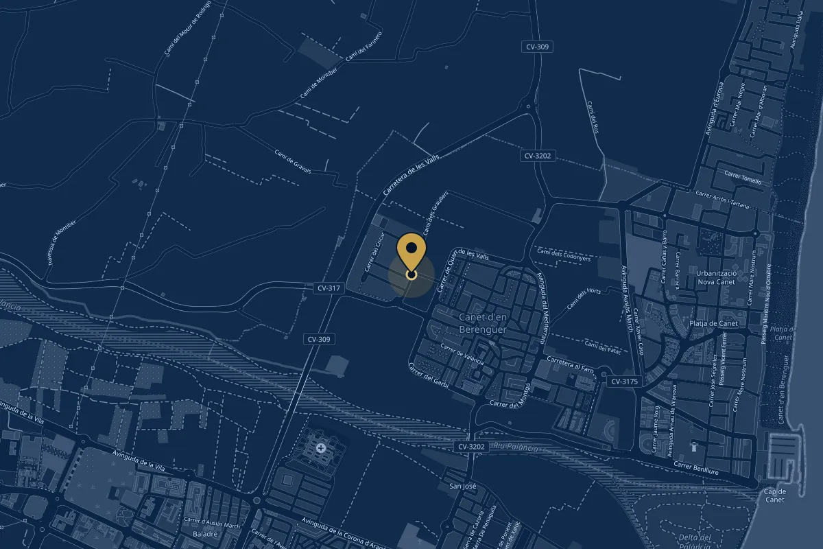 Mapa de Canet d'en Berenguer con la ubicación de Academia Villapol en el Camí dels Graüllers, al noroeste del casco urbano